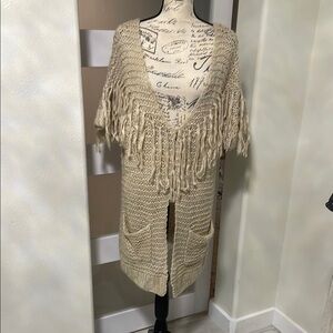 Cream Fringed Accent Cardigan with Dramatic Detail